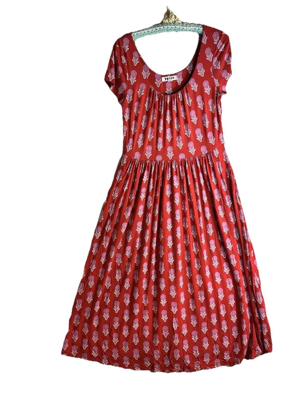 Boden Red Pink Rose  Rebecca Jersey Midi V-neck Tea Dress  Modest Women's Sz 10
